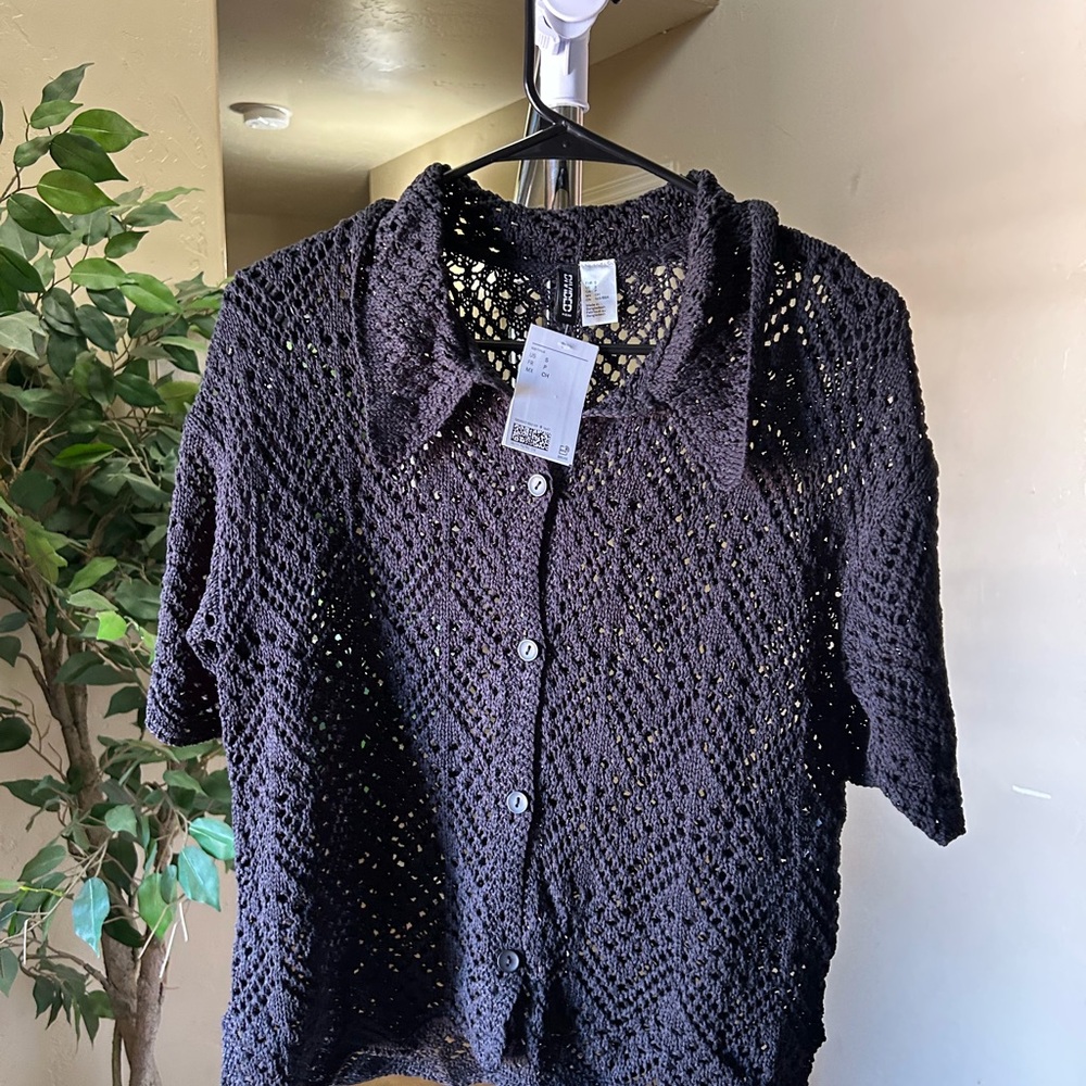 H&M Black Crochet Button-Up Top